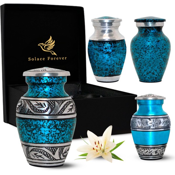 Blue Keepsake Small Urns for Human Ashes - Set of 4 with Box & Bags - Blue Urns for Ashes Adult Male & Female - Handcrafted Mini Cremation Urns for Ashes - Honour Your Loved One with Memorial Urn Set