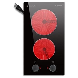 Karinear Portable Electric Cooktop with Knob Control Countertop & Built-in,with 9 Heating Level, child safety lock,Over-Temperature Protection Portable Double Electric stove top - Color: Black Knob