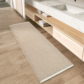 AMOAMI Upgraded Waffle Runner Rug Super Absorbent Non Slip Bath Mats for Bathroom Machine Washable Bathroom Runner Rug with Tassels, Ideal for Hallway Bedroom Laundry Room, 17" x 72", Brown & Cream