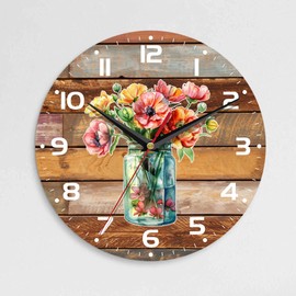 ENUIEO Wall Clock, 10 Inch Silent Non-Ticking Home Kitchen Decor, Battery Operated for Bathroom Bedroom Living Room Office(Flower Vase Wood)