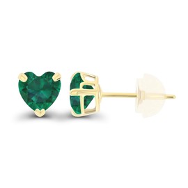 Solid 14K Yellow Gold 5mm Heart Created Green Emerald May Birthstone Genuine Stud Earrings For Women