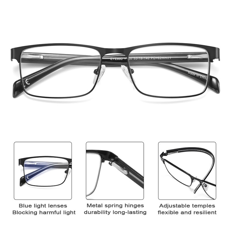 EYECEDAR 3-Pack Blue Light Blocking Reading Glasses Men Metallic Black