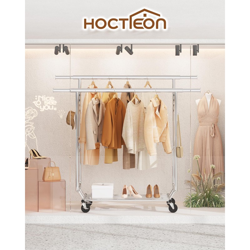 Hoctieon 2-Minute Assembly Double Rod Clothes Rack, Heavy Duty Rolling