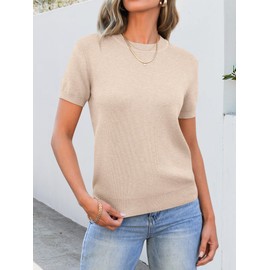 ANRABESS Womens Short Sleeve Sweaters Wool Blend Crew Neck Sweater Shirts Business Casual Work Tops 2025 Summer Outfits Parchment Beige XL