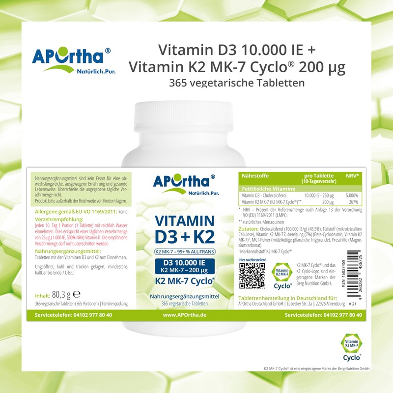 APOrtha Vitamin D3 10,000 IU + 200 μg K2 99+%