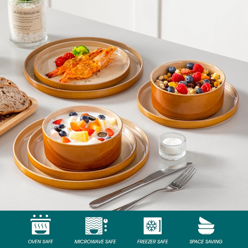 vancasso ONION Ceramic Plates and Bowls Sets, 12 Pieces Brown