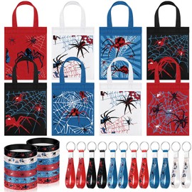 Dansydaisy 32 Pcs Halloween Spider Birthday Party Decorations Party Favors Include 8 Spiderweb Non Woven Handle Bags 12 Bracelet 12 Keychains for Favors