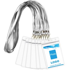 Lanyard with ID Holder 50 Pcs Waterproof Name Tag Badge ID Card Holders ID Pass Holder and 50 Pcs Flat Neck Lanyards Swivel Hook (Gray, Vertical)