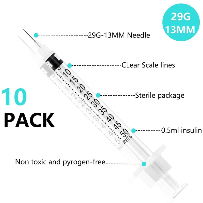 10 Pack 1/2ml Syringes 29G 1/2 inch(12.7mm) Industrial Scientific Lab