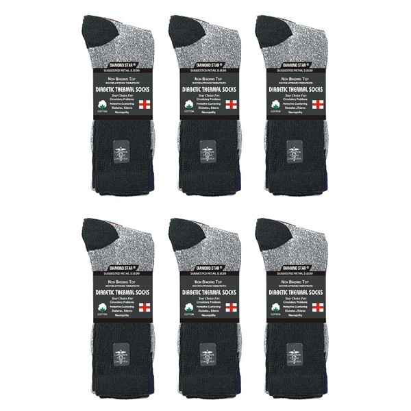 3, 6 or 12 Pairs Pack Doctor Recommend Thermal Diabetic Crew Soft Cotton Socks Keep Foot Warm Non-Binding Top (6 Pairs Black, 13-15 King Size)