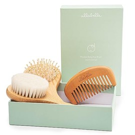 Ullabelle 3 Piece Wooden Baby Hair Brush and Comb Set for Newborns & Toddlers in Chic Gift Box - Ultra Soft Natural Goat Hair and Wood Baby Brush Set 