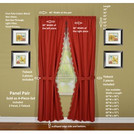 Today's Curtain, Orleans Scallop Curtain, Brick Red 84" Panel Pair and Tieback,4-Piece-Set, 60" W x 84" L, Brick Red
