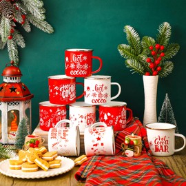 Yaomiao 9 Pcs Hot Cocoa Bar Enamel Mugs with Handles Christmas Coffee Mugs 12 oz Seasonal Enamel Cup Funny Novelty White and Red Tea Cups for Christmas (Cute Style)
