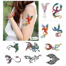 10 Sheets Phoenix Dragon Temporary Tattoos for Kids Women Men Adults, Colorful Firebird Fantastic Ornithology Animals Hand Fake Tatoo Stickers For Neck Arm Leg Chest Body (different design)
