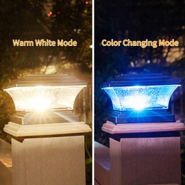 HUYIENO Solar Post Cap Lights Outdoor LED Lighting Deck Fence Cap Light Two Light Modes Warm White/7 RGB Color Changing LED Suitable for 4x4 5x5 Wooden Posts Black 2pk