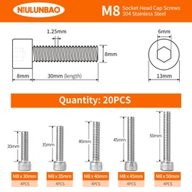 NIULUNBAO M8 x 30mm 35mm 40mm 45mm 50mm Hex Socket Head Cap Screws Bolts, 304 Stainless Steel, Metric Fully Threaded, Machine Allen Hex Drive, Bright Finish, Assortment Kit 20PCS