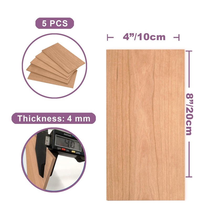 Cherry Wood Sheets 4x8" inch, 1/8" Thick Lumber Board, for