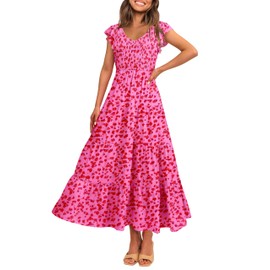 MASCOMODA Womens Long Summer Maxi Dresses Causal V Neck Short Sleeve Smocked Floral Dress Tiered Beach Party Sundress(Floral Rose Red,XX-Large)