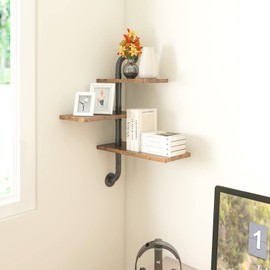 Bloddream 3 Tier Industrial Pipe Shelving Rustic Wood Floating Shelf, Adjustable Corner Wall Mounted Storage Shelves for Farmhouse Kitchen Office Bathroom and Home Decor Shelf