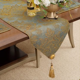 Loom and Mill Luxury Thick Chenille Table Runner, Modern Damask Jacquard Table Runners with Handmade Tassels for Dining Room Dresser Party Holiday Banquet Decorations(Blue Gold, 13x72 inch)