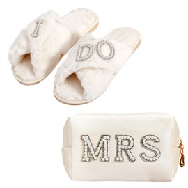 Chovbe Bride to Be Gift Set – "MRS" Makeup Bag & "I Do" Slippers – Bridal Shower & Wedding Gifts for Bride