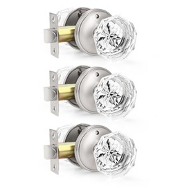 Orger 3 Pack Diamond Glass Door Knobs, Crystal Privacy Door Handles for Bedroom/Bathroom, Interior Keyless Door Knobs with Pin Lock, Satin Nickel Zinc Alloy Rosette