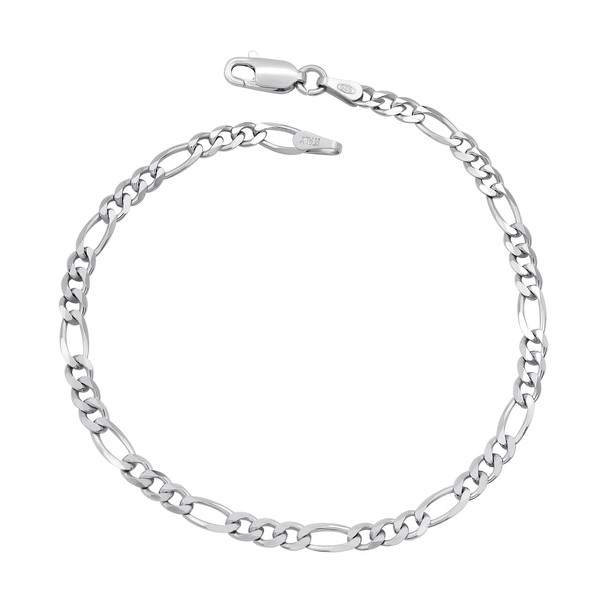 Figaro Bracelet 925 Sterling Silver Rhodium Plated 3.5 mm Wide