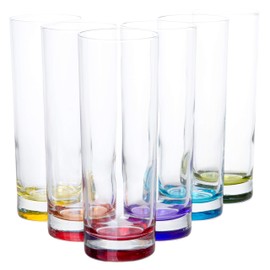Red Co. Set of 6 Collins Slim Tall Highball 10 Fl Oz Water Beverage Glasses with Multicolor Bottoms