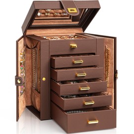 AKOZLIN Jewelry Box Organizer Functional Leather Jewelry Storage Case for Women Girls Ring Necklace Earring Bracelet Holder Organizer with Mirror Brown