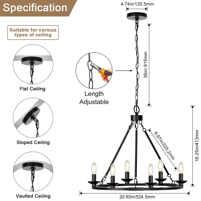 Black Farmhouse Chandelier, 6-Light Wagon Wheel Chandelier with Adjustable Height,