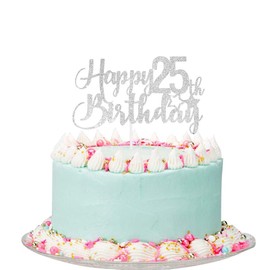Silver Glitter Happy 25th Birthday Cake Topper - 25th Birthday Cake Topper, 25th Birthday Party Decoration