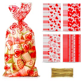 Domkier 80Pcs Valentine Cellophane Gift Bags Candy Bags Treat Bags, 4 Assorted Styles Love Heart Treat Bags with Gold Twist Ties for Valentine Party Supplies (Red)