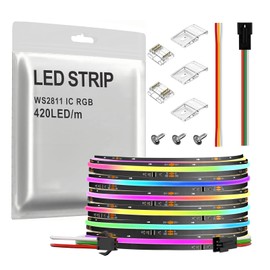 SPI COB RGB IC LED Light Strip FOB WS2811 Uniform Light with High Density, UL Listed Dream Colour Light Strip, DC24V, Gradient Strips (DC24V Black PCB, 16.4ft 420LED/m)