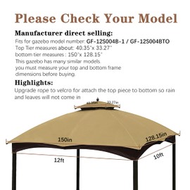 SCOCANOPY Beige Replacement Top for Lowe's Allen Roth 10X12 Gazebo Model #GF-12S004B-1/#GF-12S004BTO