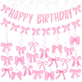ACO-UINT Pink Happy Birthday Bow Banner with 21 Spiral Bows, Glittery Birthday Party Decorations for Women, Birthday Backdrop Supplies