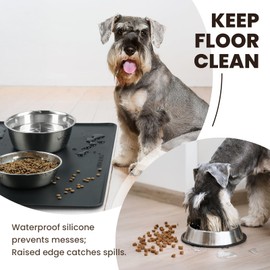 VIVAGLORY Flexmat Dog Food Mat Cat Food Mat for Food and Water & Indoor Cats, Waterproof Silicone Grippy with Raised Edges Lip, L, Black