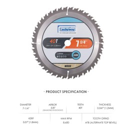 Luckyway 7-1/4 Inch 40T with 5/8 Inch Diamond Arbor TCT Circular Saw Blade for Cutting Wood