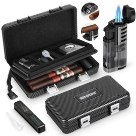 SEMKONT Cigar Humidor, Portable Travel Cigar Box, Double Cigar Humidor with Separate Storage for Cigar Accessories, Cigar Travel Case with Cigar Lighter(No Butane), Holds 5 Cigars (Carbon Fiber)