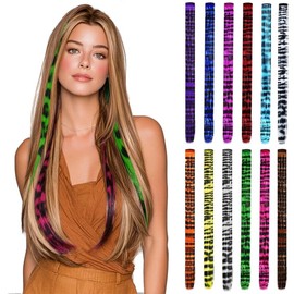 12 Pcs Leopard Print Hair Extensions Clip 18Inch Straight Synthetic Hairpieces Full Set, Colorful Striped Hair Extensions for Women, Party Cosplay Halloween Daily Wear Accessories