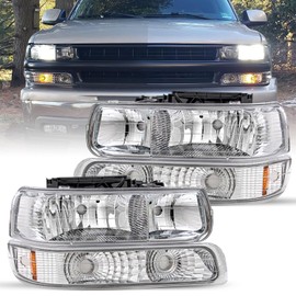 JSBOYAT 4pcs Headlight Assembly Fit for 1999 2000 2001 2002 Chevy Silverado 1500 2500/2000-2006 Chevy Tahoe Suburban, with Bumper Lights, Chrome Housing