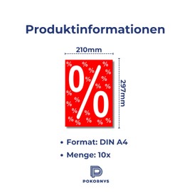 Pokornys 10 x DIN A4 advertising poster %" as a customer stopper for various shops I advertising sign/stand for promotional items and reduced goods I discount poster in red/white