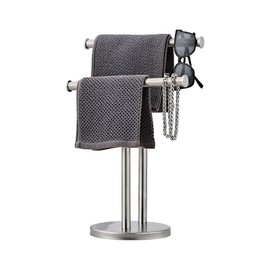 SHUNLI Hand Towel Holder Stand, Double Towel Rack Free Standing for Bathroom Countertop, T-Shape Hand Towel Stand for Stainless Steel (Brushed Nickel)