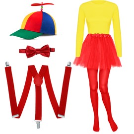 6 Pcs Rainbow Top Clown Hats Bow Tie Y Back Style Suspenders Tutus Skirt Footed Tights Yellow Fitting T-shirt for Women(Medium)