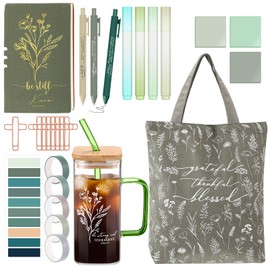 Singhoow 29 Pcs Bible Study Supplies, Bible Journaling Kit for Women, Glass Cup Canvas Bag Notebook Highlighters Pens Sticky Notes Tapes Paper Clips Index Sticker for Mother's Day Teacher Wife