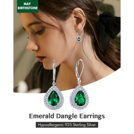 DAYBYDAY 925 Sterling Silver Emerald Dangle Earrings Pear Shaped May Birthstone Earrings Green Crystal Big Teardrop Drop Earrings for Women