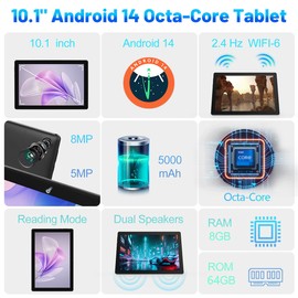 AEEZO 10''inch Octa-Core Android14 Tablet 8+64GB ROM,Dual Camera Bluetooth WIFI