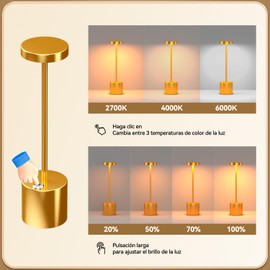 Recargables Lámparas de Mesa Inalámbricas, 3 Temperaturas de Color y Infinitamente Regulable Brillo con USB,Lámpara de Escritorio LED Portátil, Control Táctil Lámpara de Escritorio para Dormitorio, Sala de Estar, Oficina de Lectura (34cm/dorado)