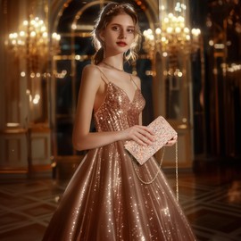 Larcenciel Rose Gold Clutch Bag, Sparkling rhinestones, Contemporary