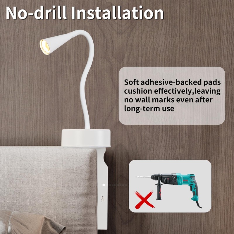 White Headboard Reading Light, No Drilling Wall Mounted Reading Lights