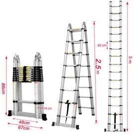 Telescopic Ladder 16.5FT Extendable Loft Ladder Portable Folding Ladder, Anti-Slip Telescoping Ladder, 2.5m+2.5m A-Frame Extension Ladder 6+6 Steps Multi Purpose Collapsible Ladder, 330lb Capacity
